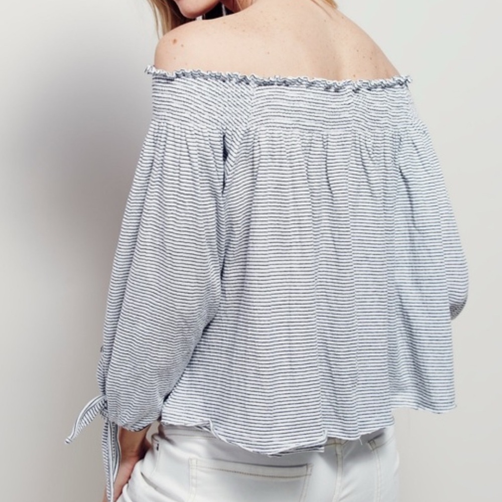 NWT We the Free Lexington Off the Shoulder Black White Striped‎ Peasant Top S